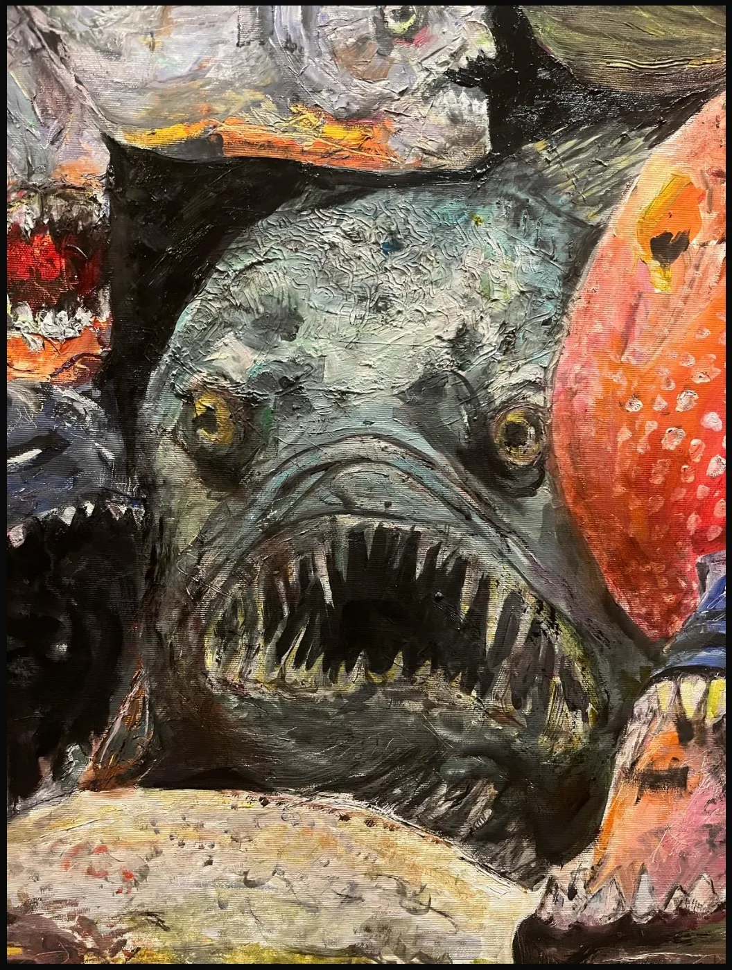 Dettaglio ravvicinato dell'impasto pittorico, pennellata densa a spatola.