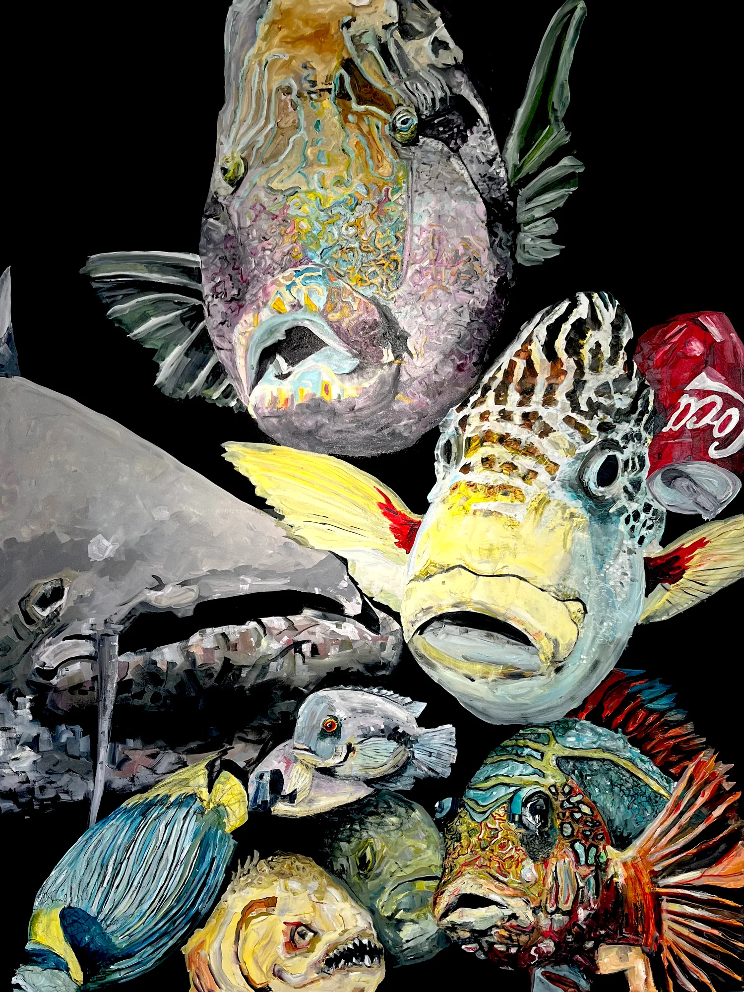 Aquarium VI — banco di pesci dipinto a olio su fondo nero.